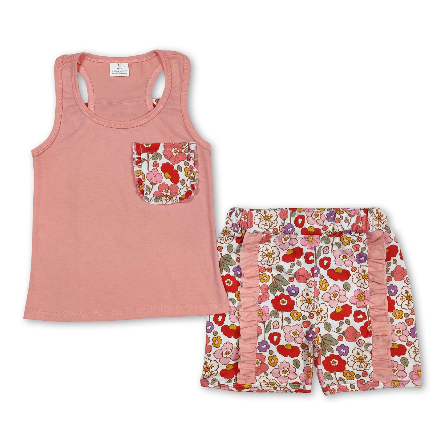 Peach sleeveless floral bow ruffle shorts girls clothes
