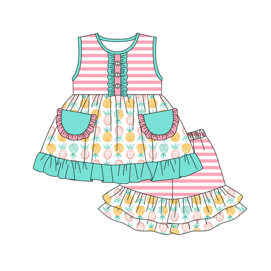 Sleeveless stripe pineapple tunic shorts girls summer clothes