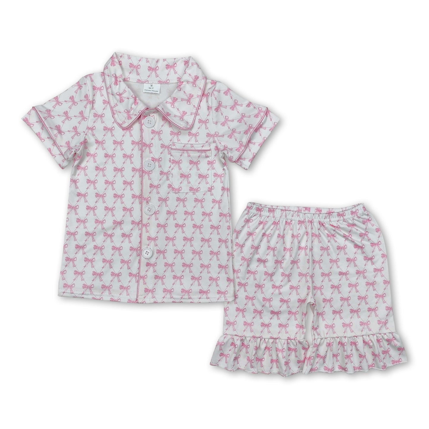 Pink bow button down top ruffle shorts girls pajamas