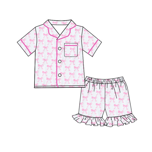 Pink bow button down top ruffle shorts adult women pajamas