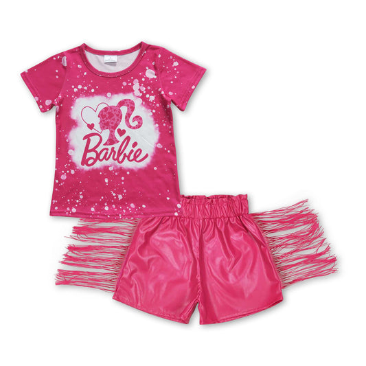 Hot pink bleached top tassels leather shorts girls clothes