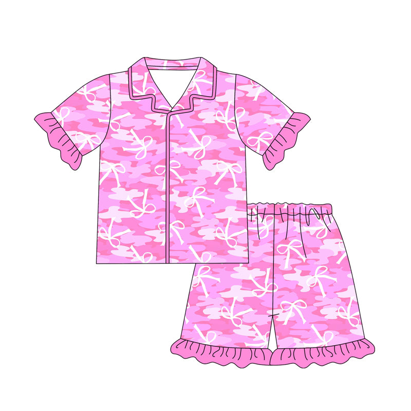 Pink camo bow button down ruffle adult women pajamas