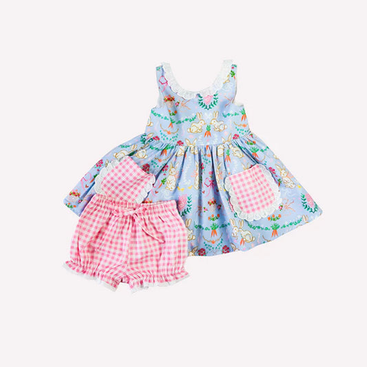 Sleeveless bunny pockets tunic plaid shorts girls clothes