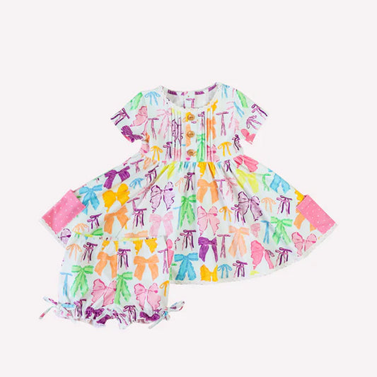 Short sleeves colorful bow tunic shorts kids girls clothing