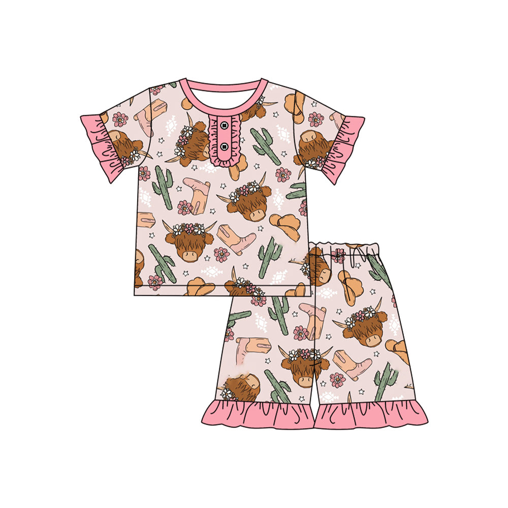 Pink ruffle highland cow cactus western girls pajamas