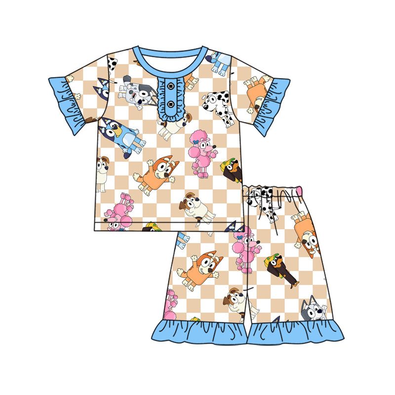 Short sleeves ruffle dog plaid top shorts girls pajamas