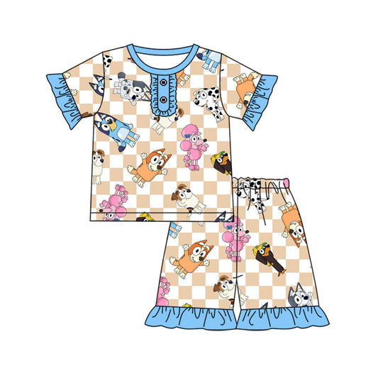 Short sleeves ruffle dog plaid top shorts girls pajamas