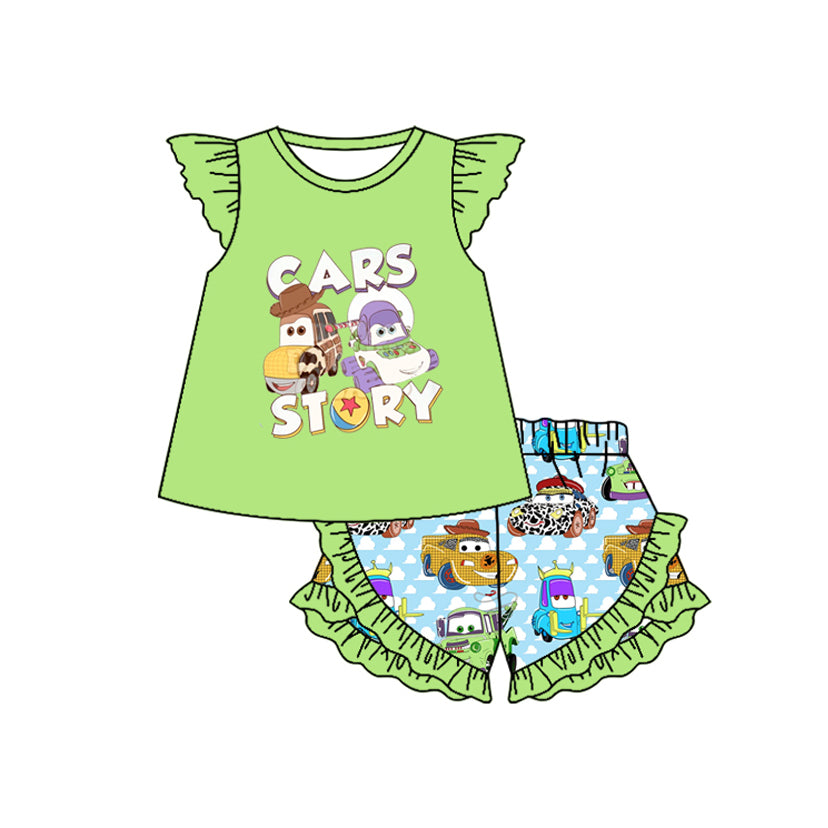 Flutter sleeves green cars toy top shorts girls clothes