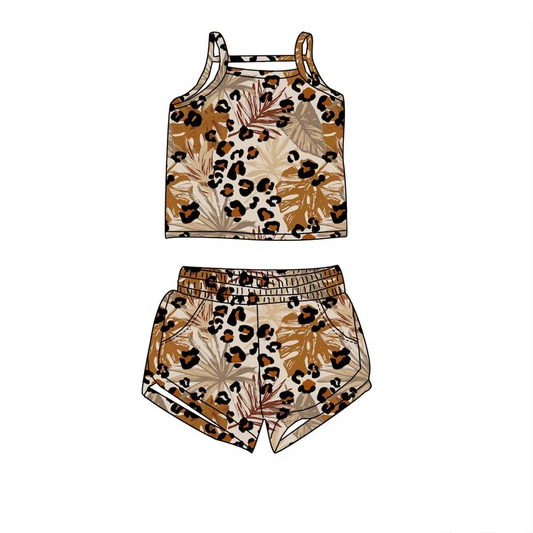 Leopard leaves strap top shorts girls summer outfits