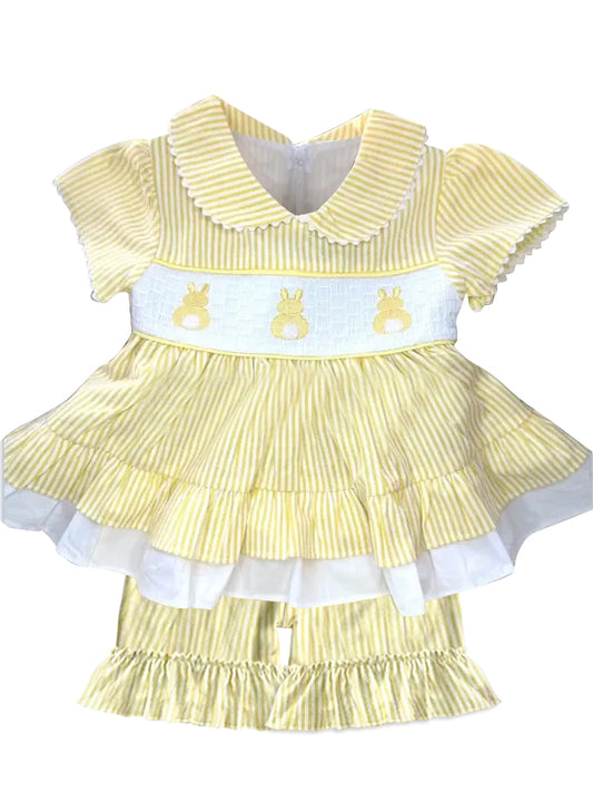 Yellow stripe bunny tunic shorts girls Easter outfits