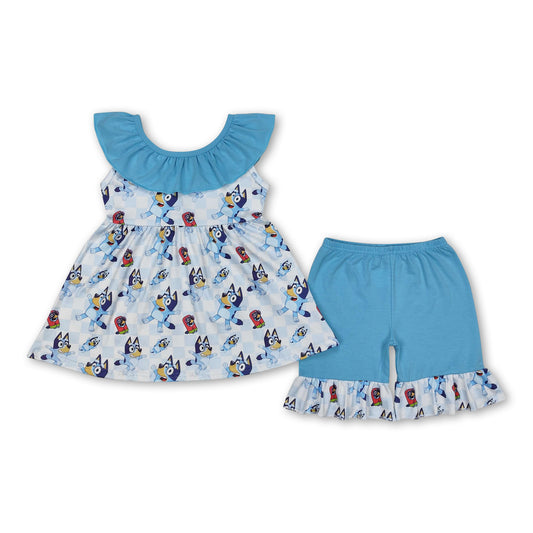 Blue ruffle sleeveless plaid dog tunic shorts girls clothes