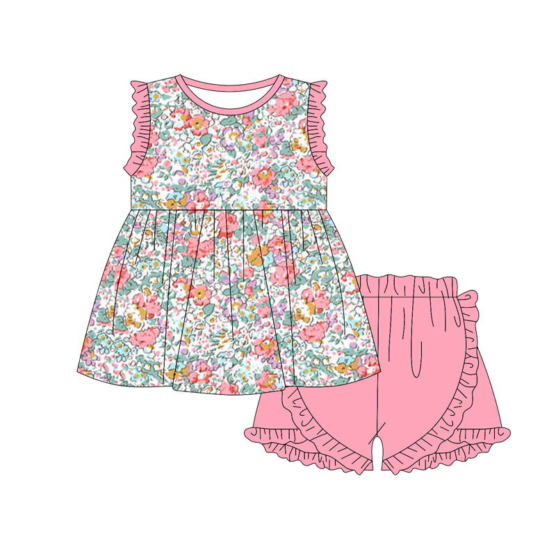 Peach ruffle floral tunic shorts girls summer outfits