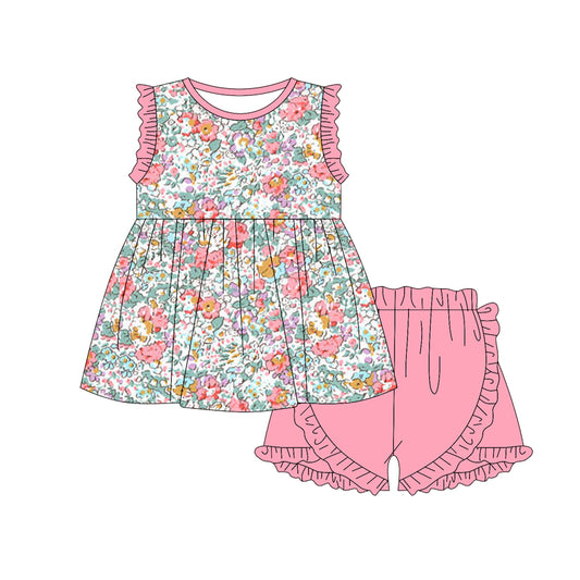 Peach ruffle floral tunic shorts girls summer outfits