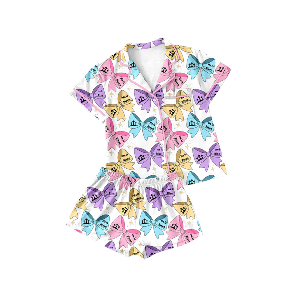 Cross he is risen bow girls button down Easter pajamas