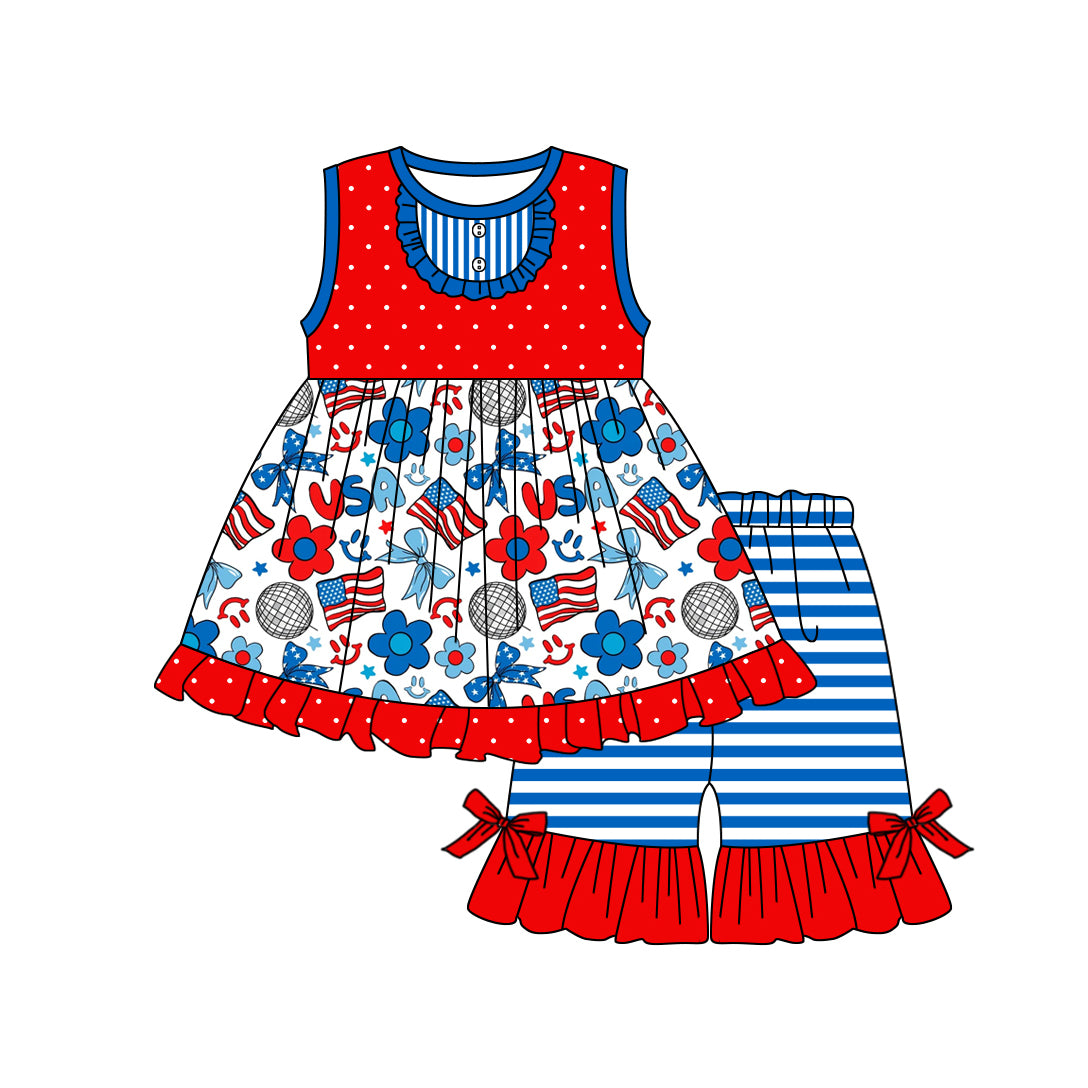 Floral bow USA flag tunic ruffle shorts girls 4th of july outfits
