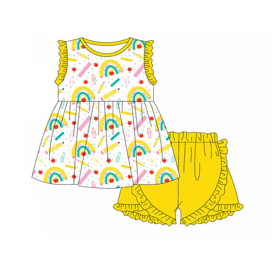 Yellow rainbow pencil apple girls back to school outfits