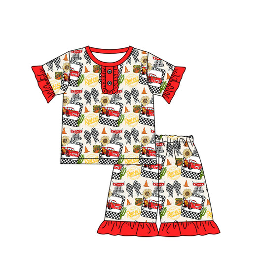 Short sleeves ruffle cars bow kids girls summer pajamas