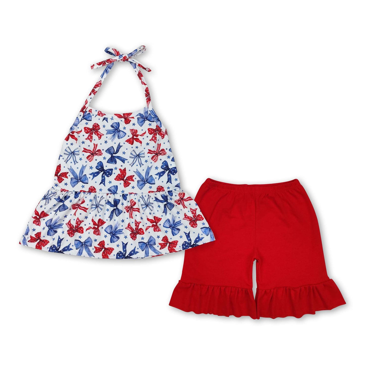 Stars stripe bow halter top shorts girls 4th of july outfits