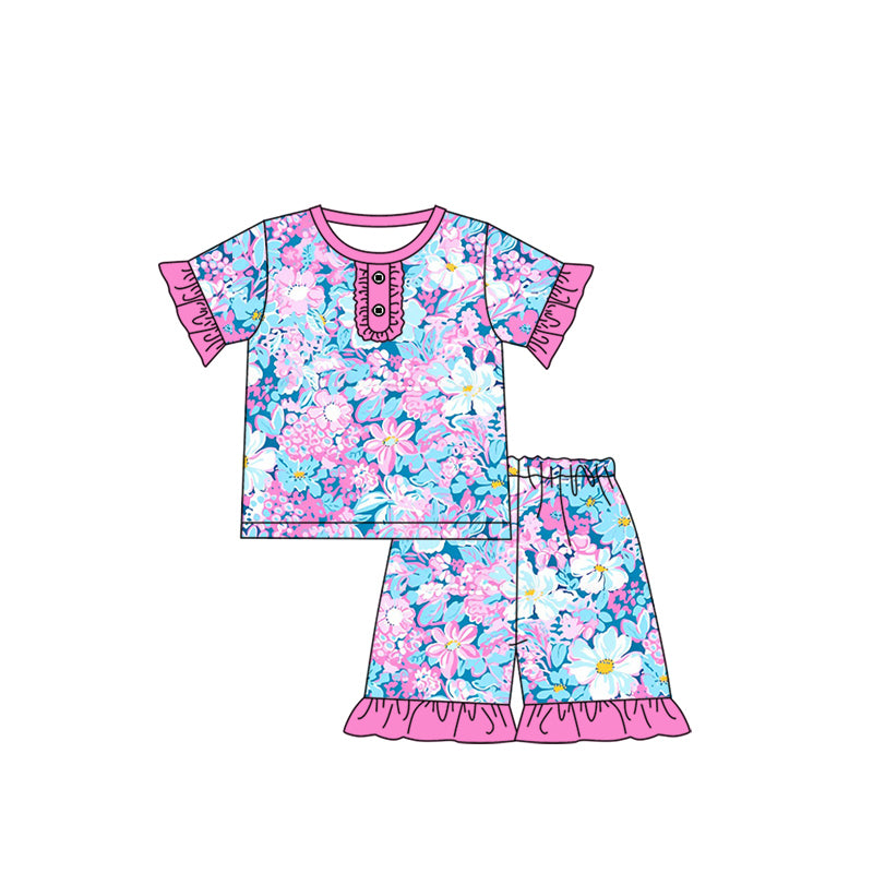 Pink ruffle short sleeves floral top shorts girls pajamas