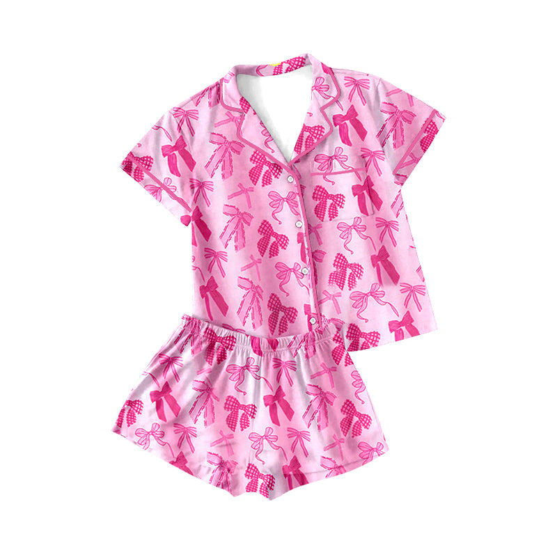 Hot pink bow short sleeves adult women button down pajamas