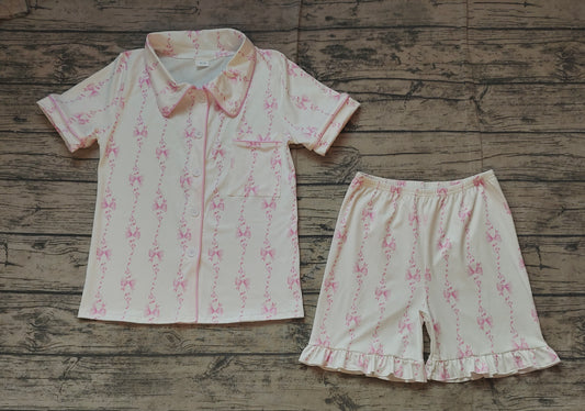 White pink bow adult women button down pajamas