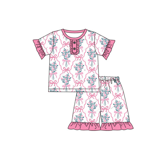Pink ruffle short sleeves floral bow baby girls pajamas