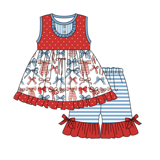 Sleeveless stars stripe bow tunic shorts girls 4th of july outfits