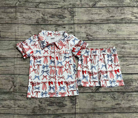 Stars stripe bow girls 4th of july button down pajamas