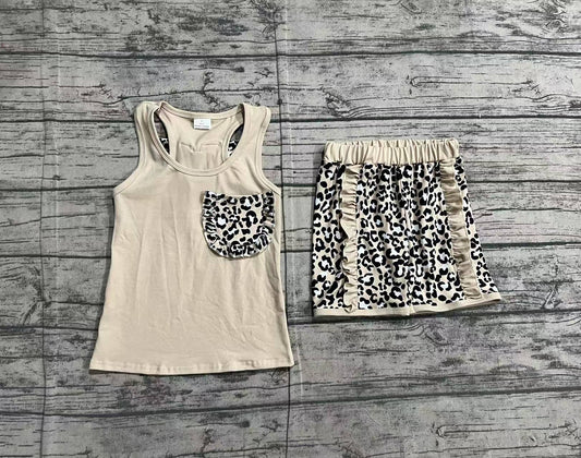 Sleeveless khaki leopard bow ruffle shorts girls clothes