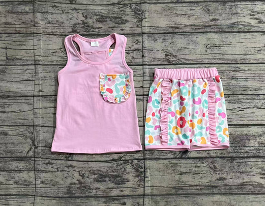 Sleeveless pink leopard bow ruffle shorts girls clothes