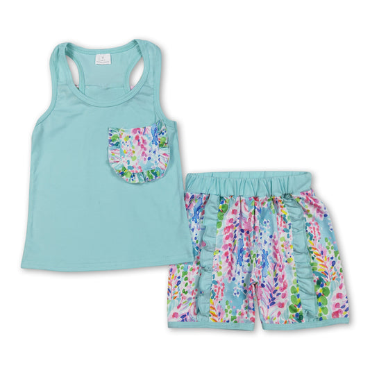 Sleeveless watercolor floral bow ruffle shorts girls clothes