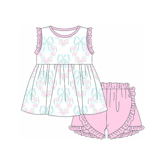 Pink ruffle floral bow tunic shorts kids girls clothing