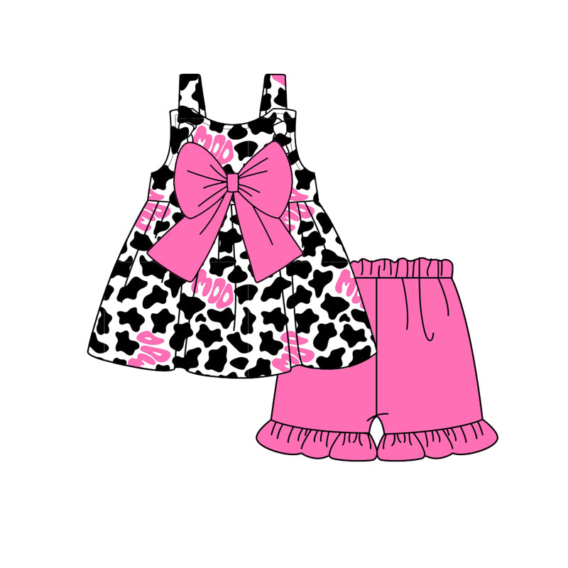 Straps moo cow bow tunic ruffle shorts girls clothing