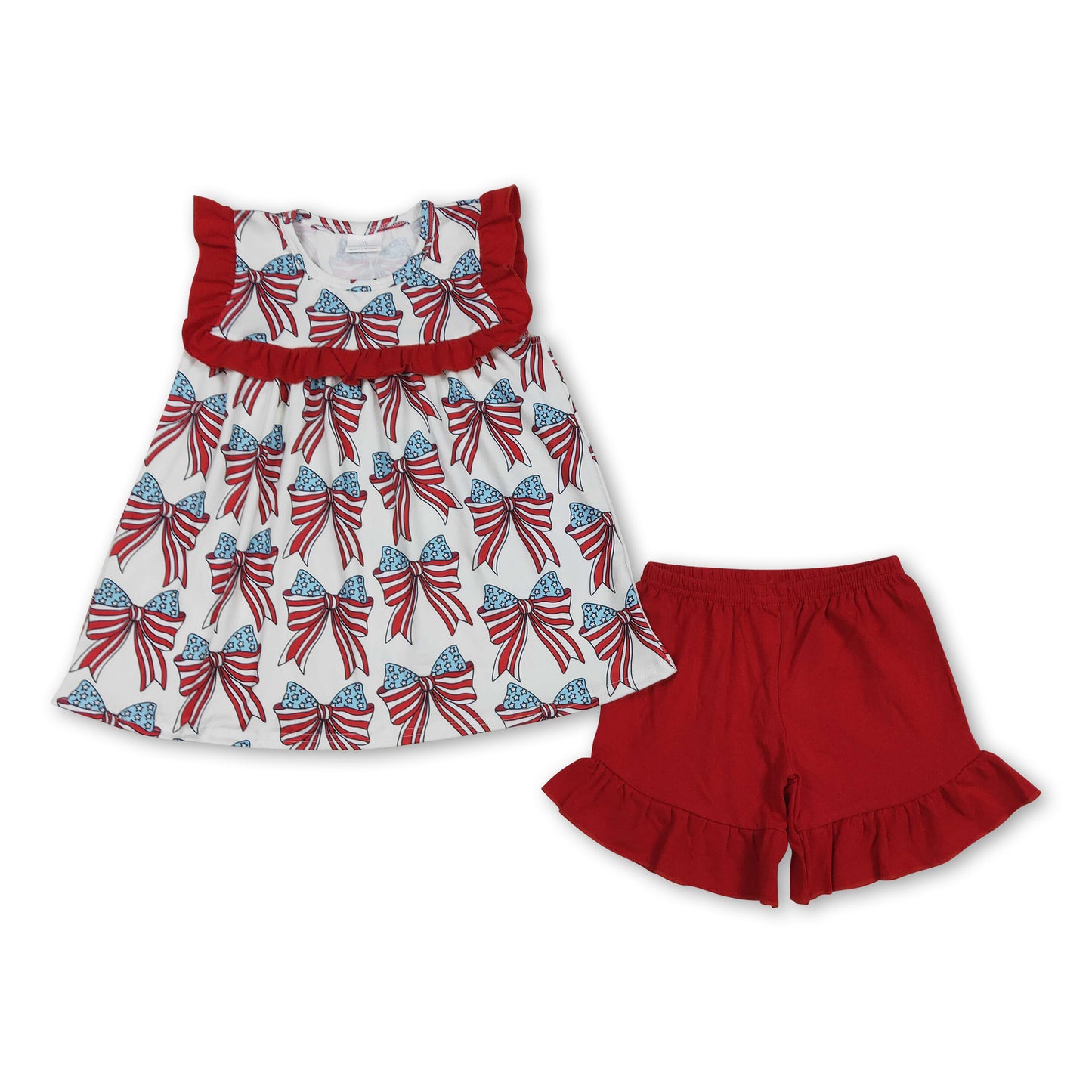 Red ruffle stars stripe bow kids girls 4th of july outfits