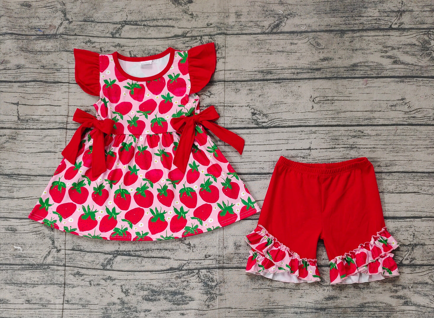 Flutter sleeves strawberry tunic red shorts girls clothes