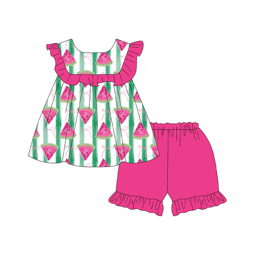 Watermelon stripe bow tunic ruffle shorts girls clothes