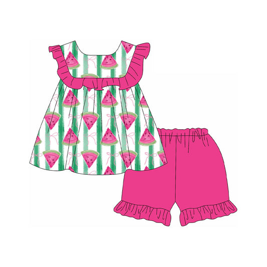 Watermelon stripe bow tunic ruffle shorts girls clothes