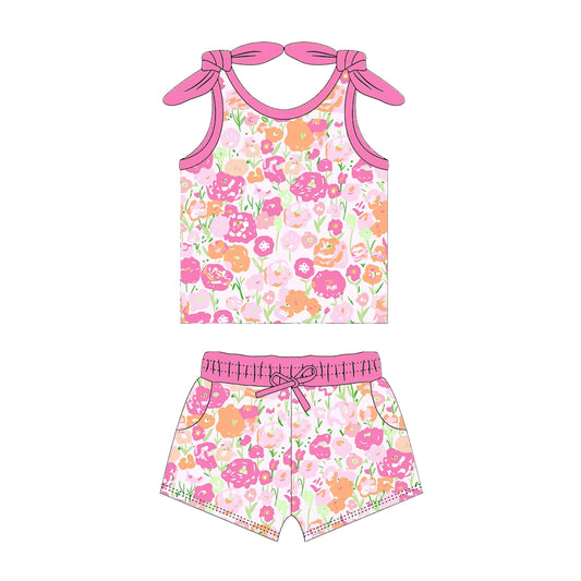 Pink sleeveless floral top shorts girls summer clothing