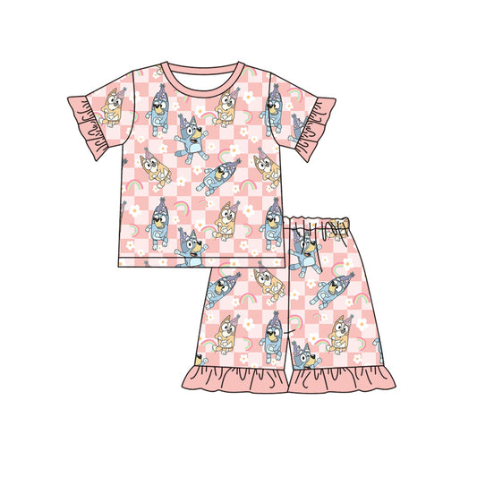 Short sleeves floral dog plaid Happy Birthday girls pajamas