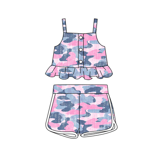 Pink camo straps ruffle top shorts girls clothing set