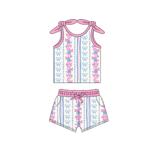 Sleeveless pink blue floral bow baby girls summer outfits