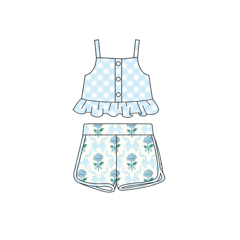 Light blue plaid straps top floral bow shorts girls clothing