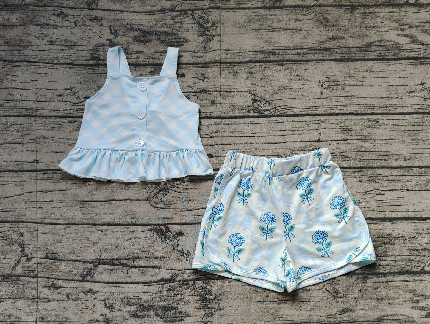 Light blue plaid straps top floral bow shorts girls clothing