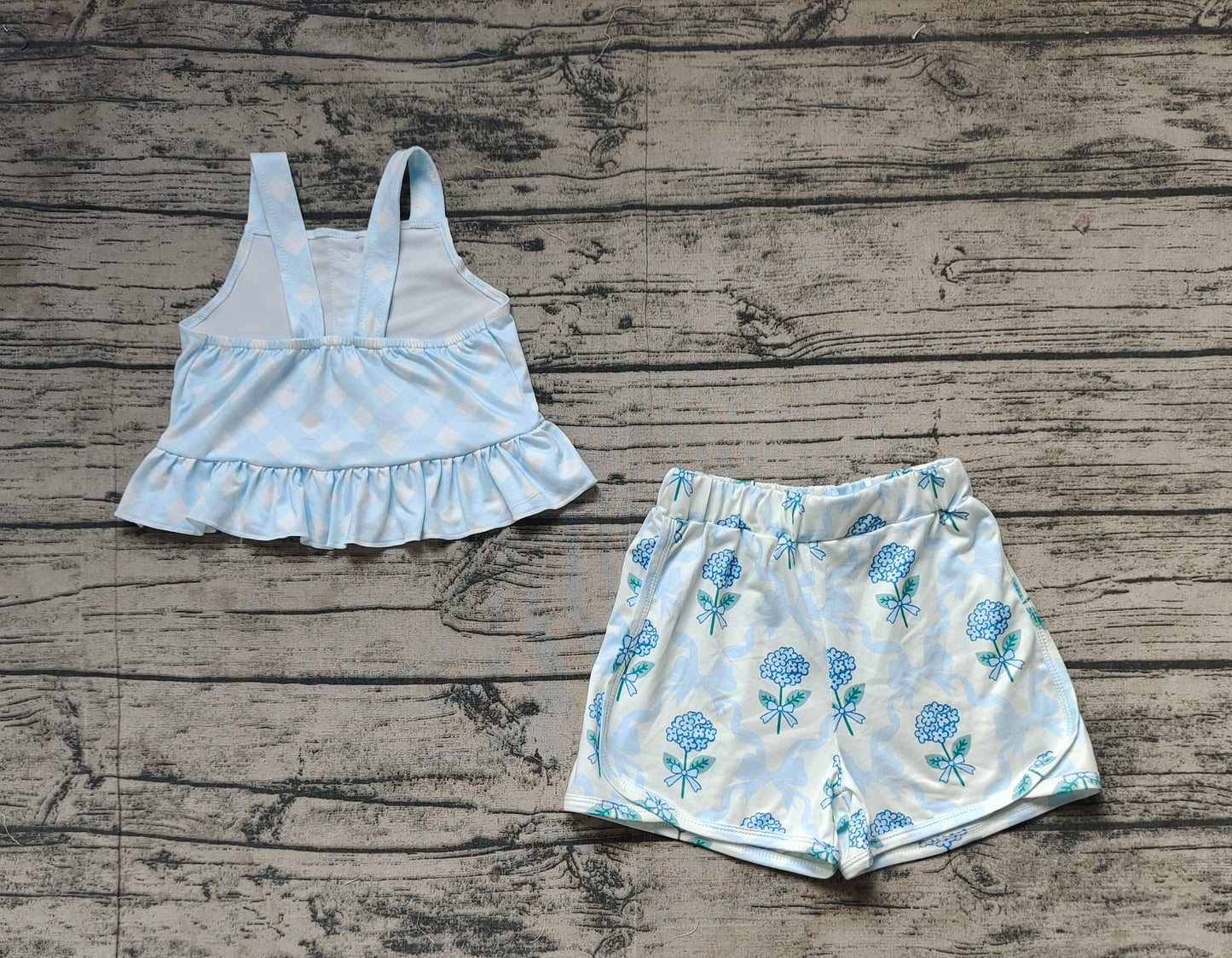 Light blue plaid straps top floral bow shorts girls clothing