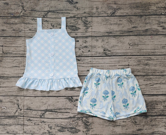 Light blue plaid straps top floral bow shorts girls clothing