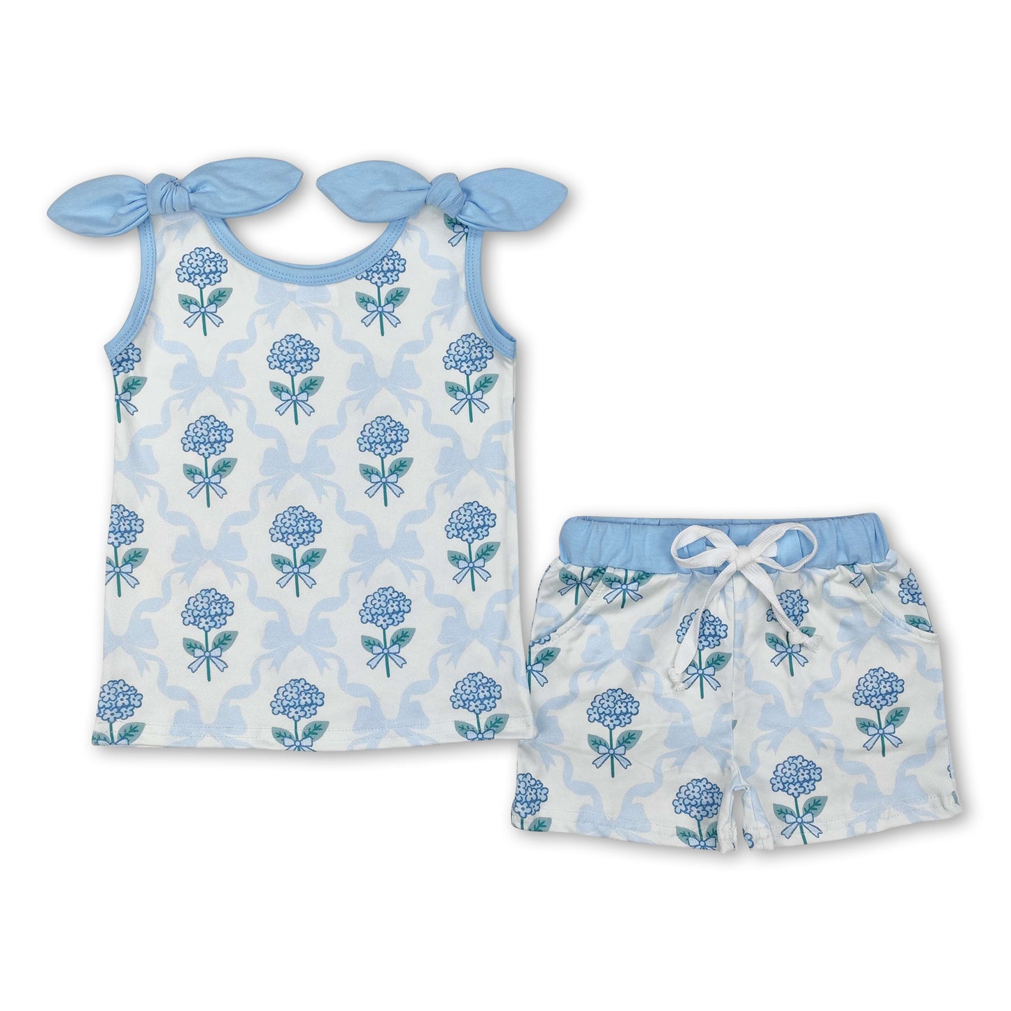 Light blue bow floral top shorts kids girls clothes
