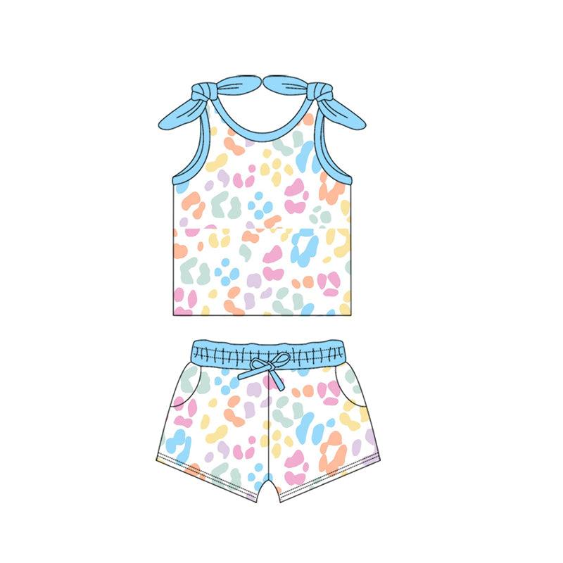 Light blue colorful leopard top shorts kids girls clothes