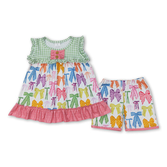 Sleeveless plaid bow tunic shorts girls clothing set