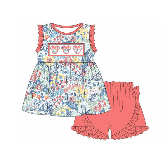 Sleeveless floral mouse tunic ruffle shorts girls clothes