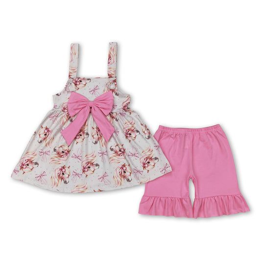 Pink bow straps unicorn tunic shorts girls summer outfits